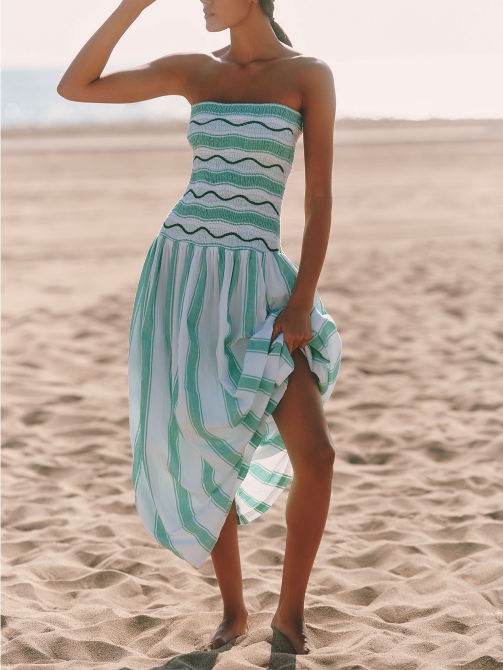 Celandine Strapless Smocked Drop-Waist Midi Dress